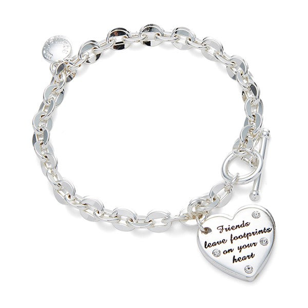 Silver Plated Hanging Heart Bracelet with Words - Friends Leave Footprints on Your Heart