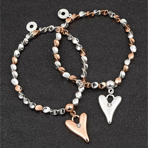 Polished Two Tone Twist Bead Bracelet With Heart Charm - Rose Gold or Silver Heart