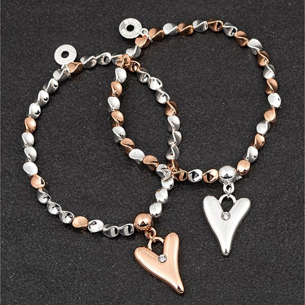 Polished Two Tone Twist Bead Bracelet With Heart Charm - Rose Gold or Silver Heart
