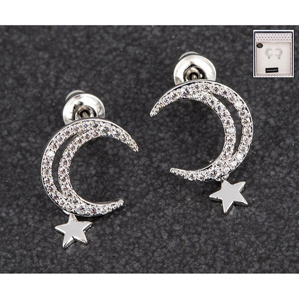 Silver Plated Earrings In Moon Shape With Drop Star