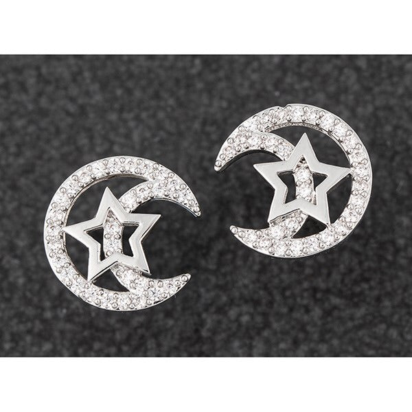Celestial Star In Moon Platinum Plated Earrings
