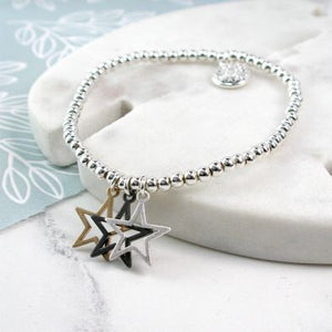 Silver Plated Elegant Bracelet with Three Coloured Star Charms