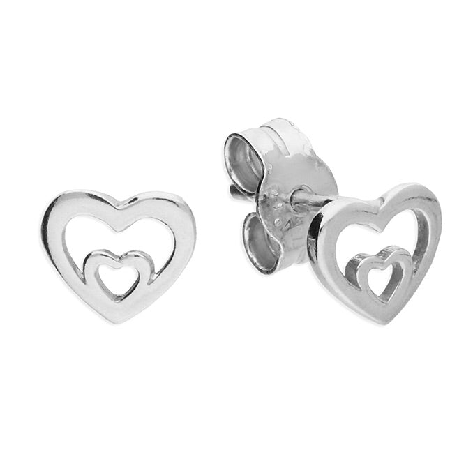 Sterling Silver Double Heart Outline Stud Earring