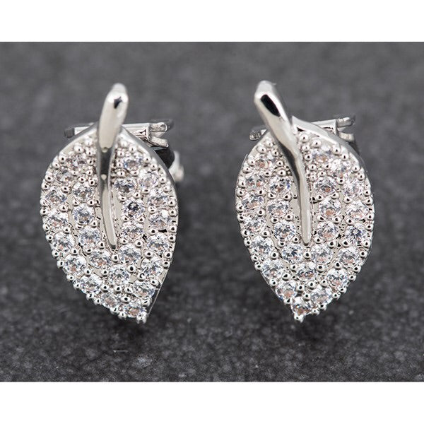Silver Plated Clip On Earrings With Delicate Leaf in Cubic Zirconia