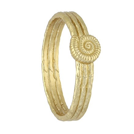 Sterling Silver Ring  In Yellow Gold Plated Textured Band Ammonite fossil