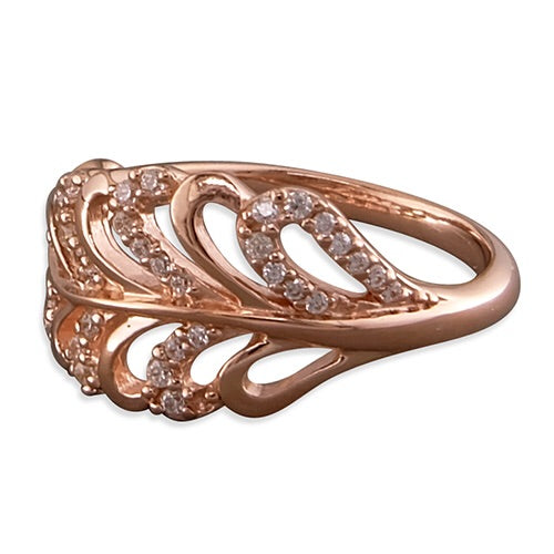Sterling Silver Rose Gold-Plated White Cubic Zirconia Feather Ring