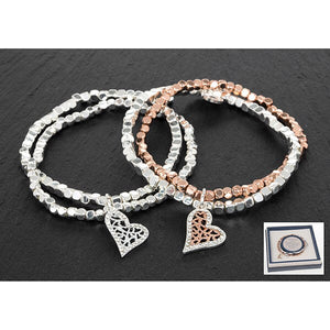 Silver Plated Double Bracelet in Squares with Heart Charm - Comes In 2 Colours
