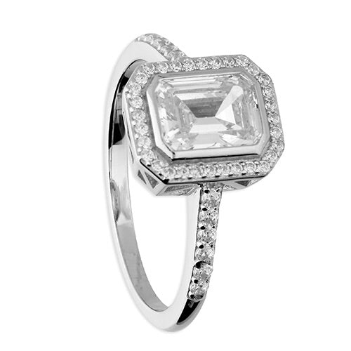 Sterling Silver Cubic Zirconia Ring with Halo Shoulders