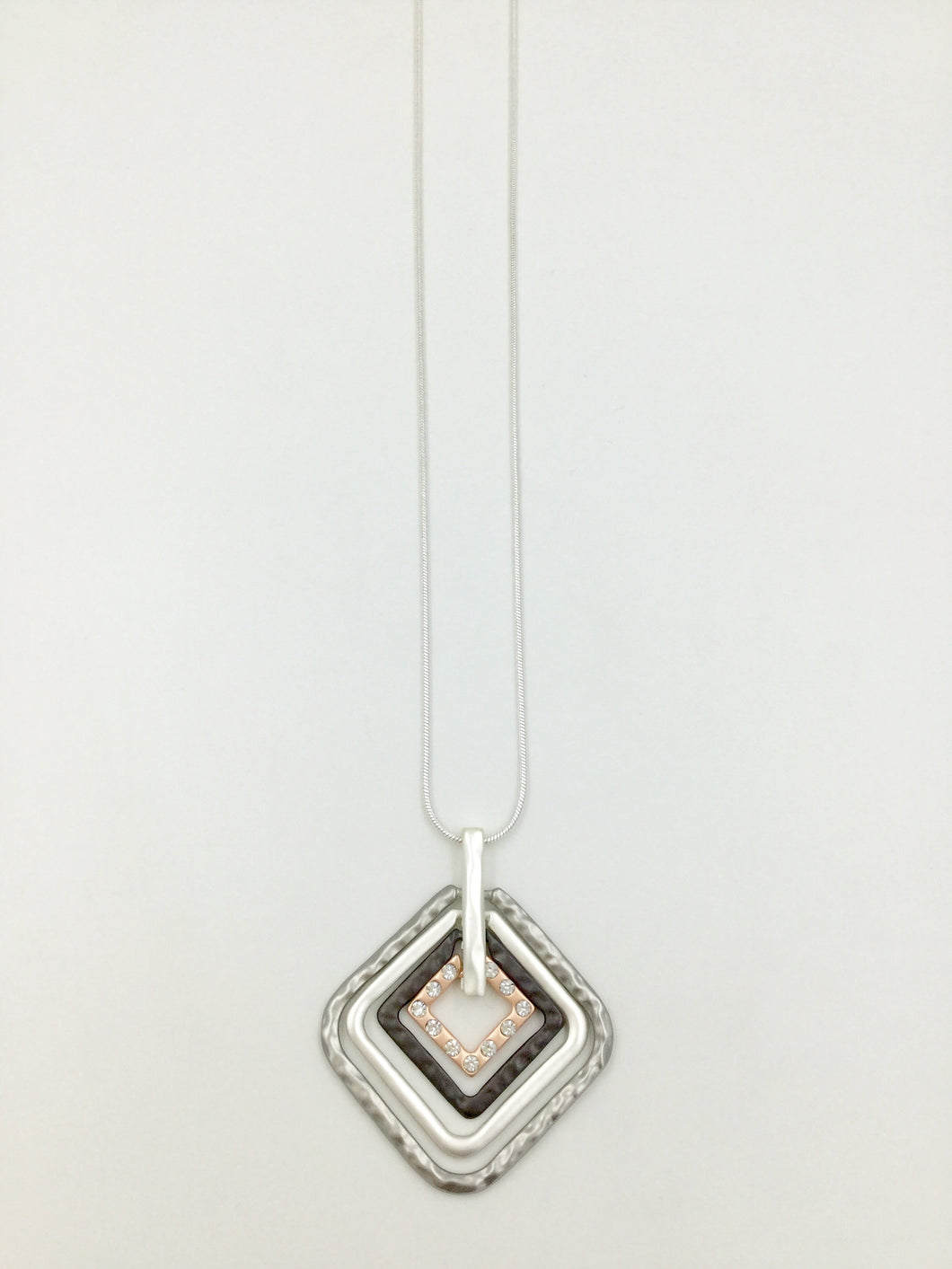 Long Silver Necklace with Tilted Square in Four Colours