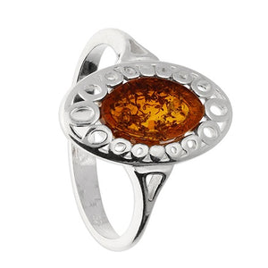 Sterling Silver Ring In Cognac Amber Oval Set in Oval Surround