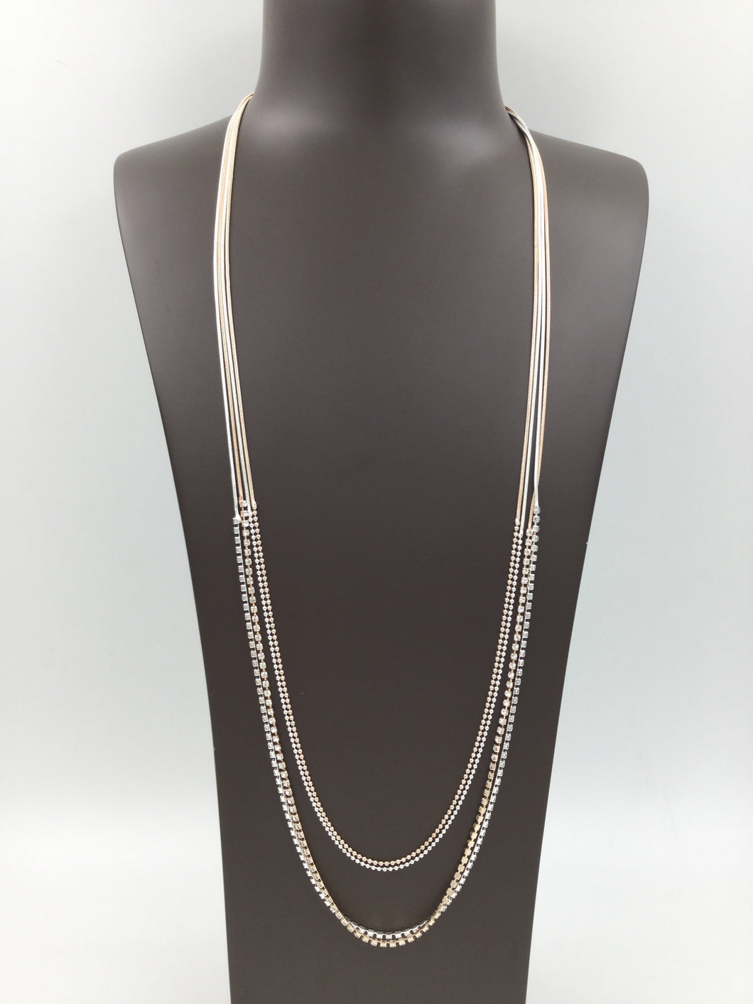 Long Necklace with Three Rows of Chains in Silver and Rose Gold