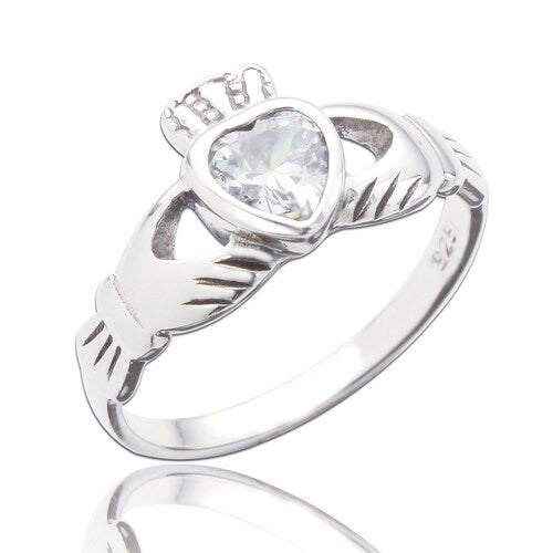 Sterling Silver Claddagh Ring With Cubic Zirconia