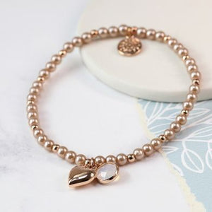 Rose Gold Plated Elasticated Elegant Bracelet with Drop Heart and Pink Pearl