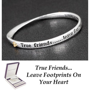 Silver Plated Bangle with Engraving and Small Flower -True Friends .... Leave Footprints on Your Heart